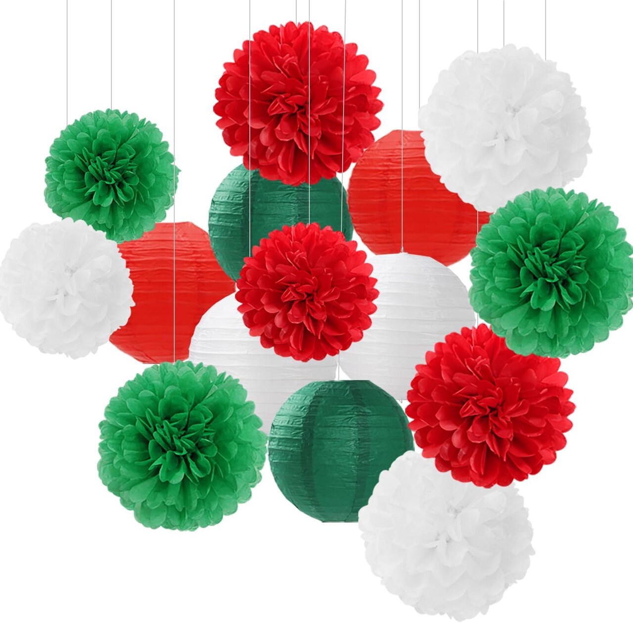 Red-Green White Party-Decorations Christmas Flowers Lanterns - 15PCS Italian Mexican Independence Day Paper Tissue Pom Poms Streamers,Mexico Italy Birthday Baby Shower Wedding Hanging Decor